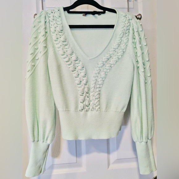 RARE! BCBG MaxAzria Knit Sweater Top Long Sleeve Bishop Puff Vneck Mint Green M - Picture 2 of 5
